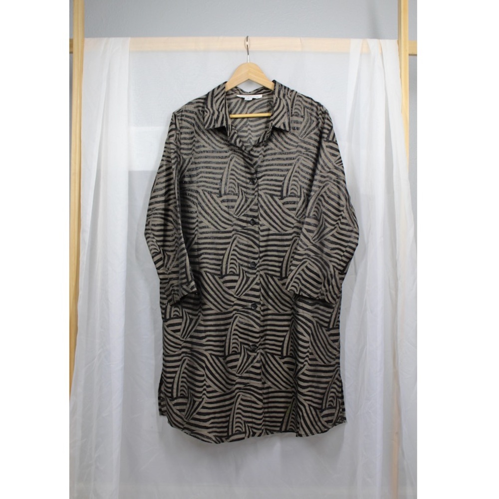 Caroline Rose-Tunic Shirt Dress-Black Taupe Metallic-1X
